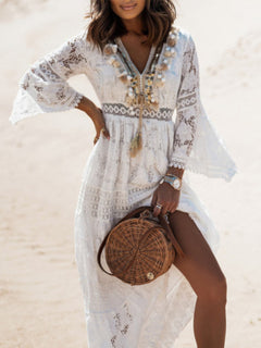 Boho Summer Sleeveless Lace V Neck Beach Dress for Women