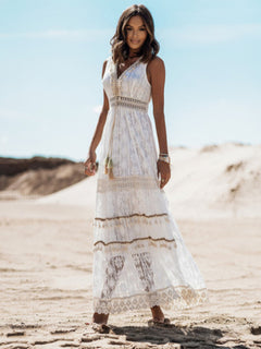 Boho Summer Sleeveless Lace V Neck Beach Dress for Women