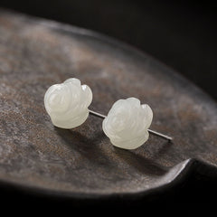S925 Silver White Rose Jade Stud Earrings for Women
