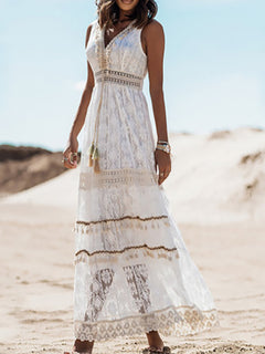 Boho Summer Sleeveless Lace V Neck Beach Dress for Women