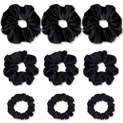 Gwabee 9 Pack Satin Hair Scrunchies for Women No Damage Hair Ties Soft Scrunchie - Ideal Elastic Ponytail Holders for Curly Thick Hair 3 Sizes Scrunchies Accessories Set for Women Girls (Black)