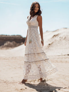 Boho Summer Sleeveless Lace V Neck Beach Dress for Women