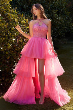 HIGH LOW HALTER BEADED BALL GOWN CDA1239