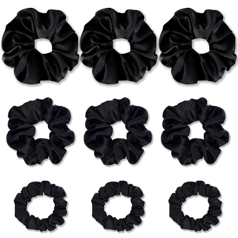 Gwabee 9 Pack Satin Hair Scrunchies for Women No Damage Hair Ties Soft Scrunchie - Ideal Elastic Ponytail Holders for Curly Thick Hair 3 Sizes Scrunchies Accessories Set for Women Girls (Black)