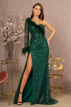 Ruched Bodice Mesh Mermaid w/ One Long Mesh Sleeve Long Prom Dress GLGL3160