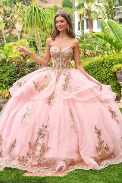 Strapless sweetheart neckline high low waist ruffle layers train ball gown with metal grommets GLGL3724