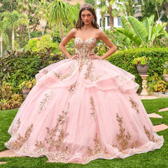 Strapless sweetheart neckline high low waist ruffle layers train ball gown with metal grommets GLGL3724