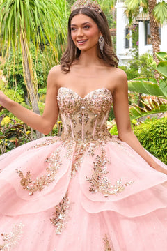 Strapless sweetheart neckline high low waist ruffle layers train ball gown with metal grommets GLGL3724
