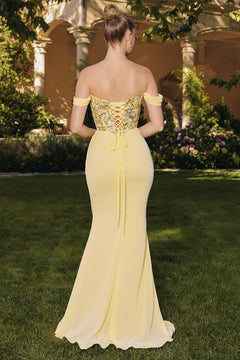 Floral Applique Embellished Long Graduation Gown w/ Off Shoulder Straps & Basque Waistline CDT721